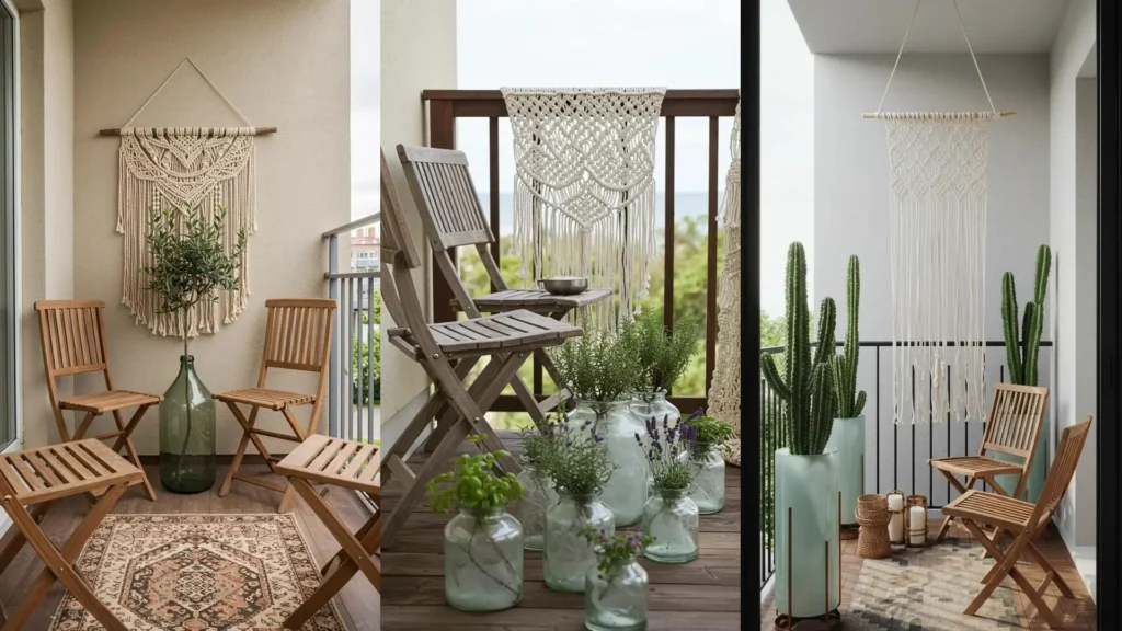 Boho-minimalist balconies featuring neutral macrame, teak folding chairs, frosted glass planters, and green plants.