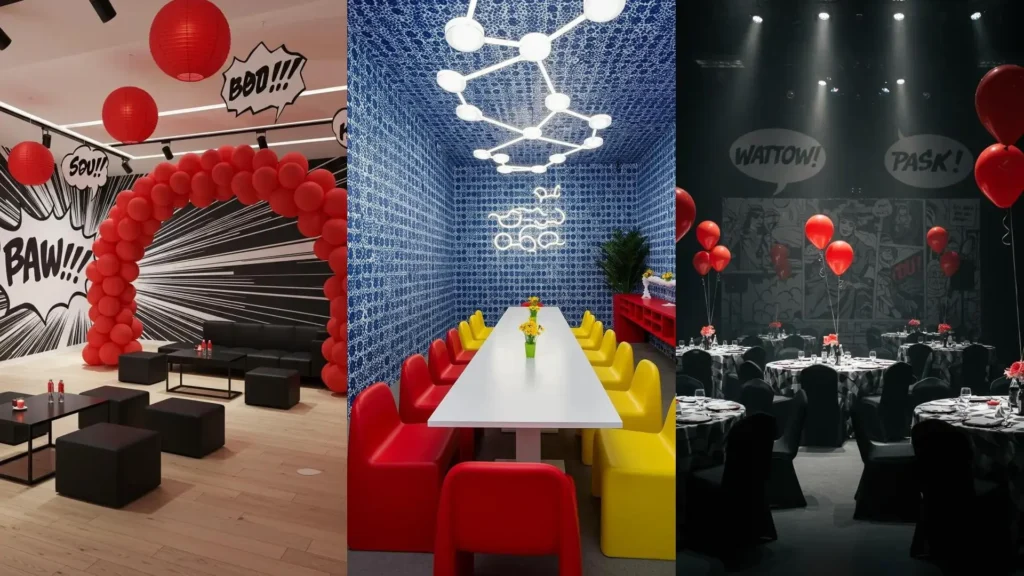 Vibrant comic book party decorations featuring speech bubble signs, red balloons, and primary color accents.