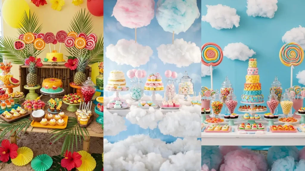 Vibrant candyland dessert table decor with an oversized tiered cake, colorful candies, and large lollipop props.