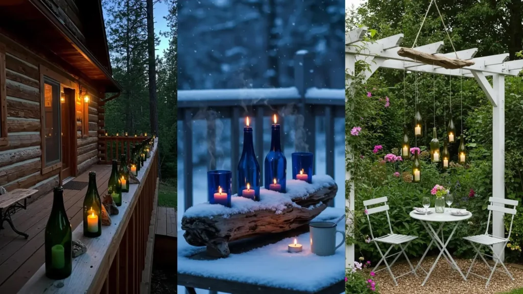 Assortment of outdoor DIY candle holders crafted from driftwood logs and recycled wine bottles on a porch, snowy table, and garden.