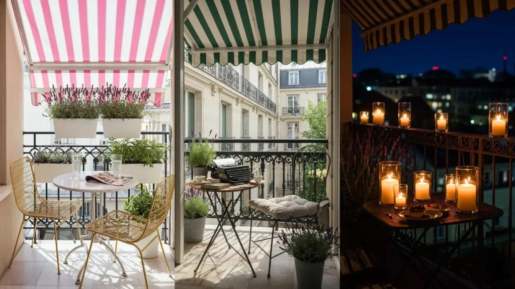 French bistro balconies with striped awnings, wrought iron chairs, and lavender pots, offering stylish outdoor decor ideas.