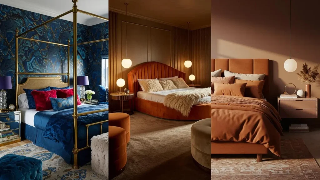 Three luxe glamour bedroom vignettes with faux fur pillows, polished marble accents, and stylish bedding.