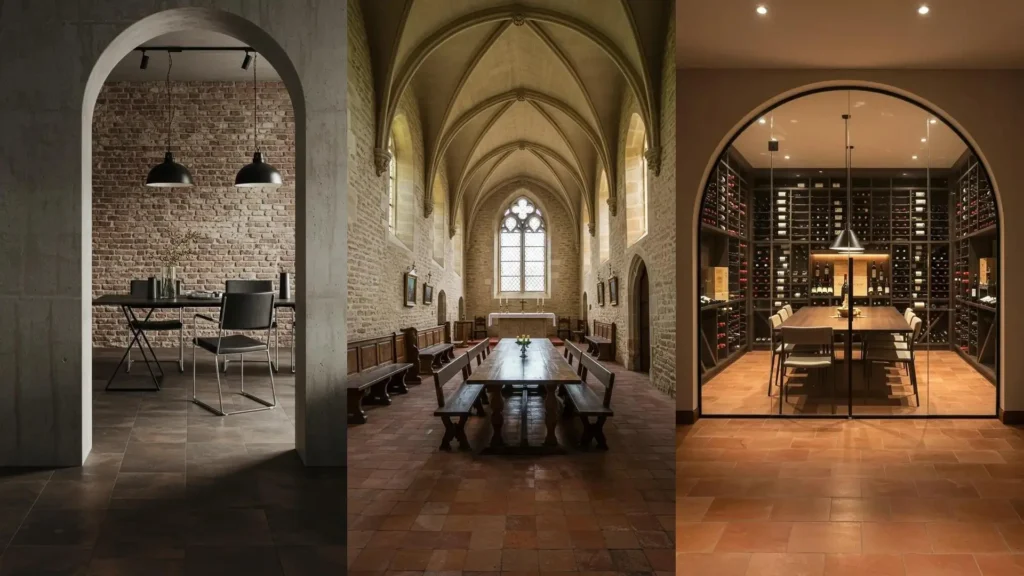 A collection of Mediterranean-inspired dining rooms featuring terracotta tile floors and elegant arched doorways.