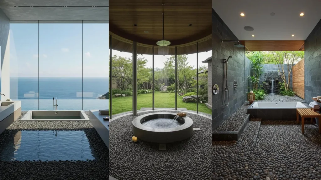 Three minimalist zen bathrooms with floor-to-ceiling windows, pebble floors, and sunken tubs, showcasing various designs.