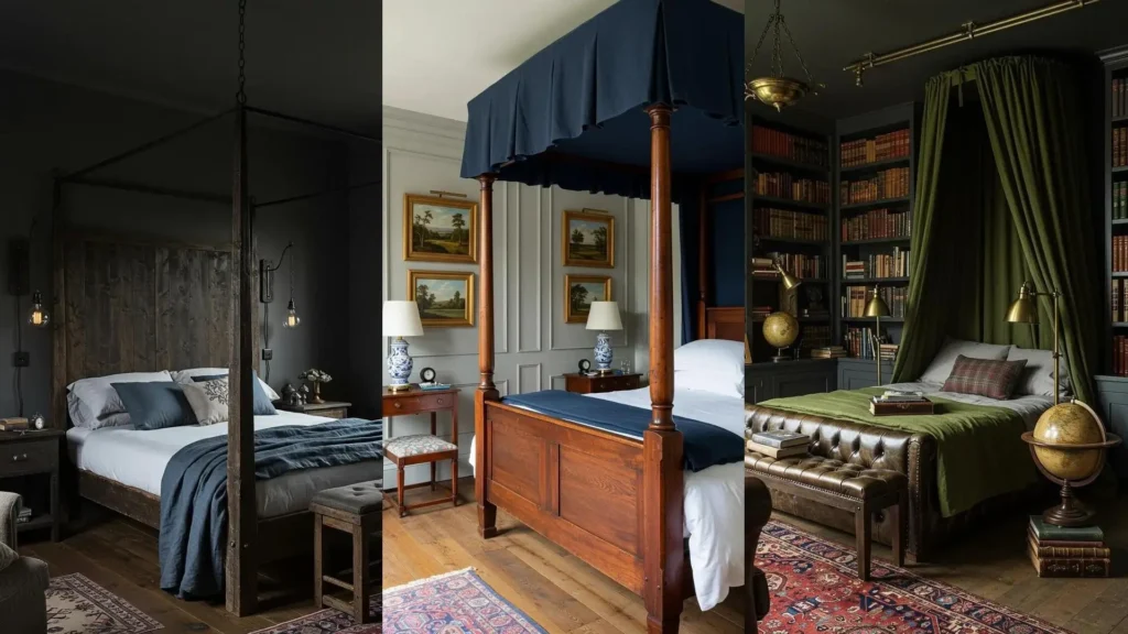 Rustic and chic country bedrooms featuring distressed wood beds and elegant linen canopies.