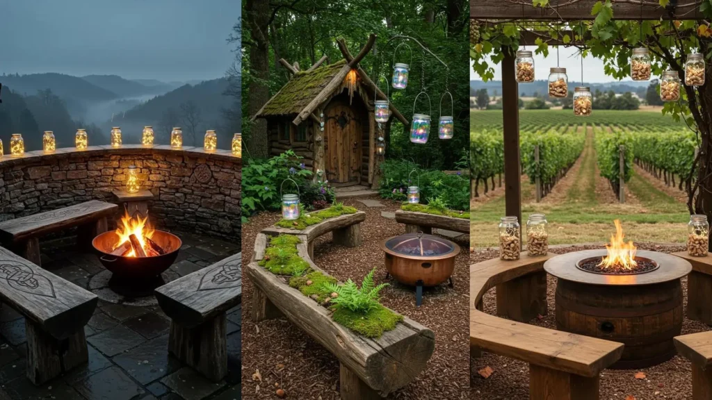 Rustic log benches, copper fire pit tables, and mason jar lights create cozy garden decor.