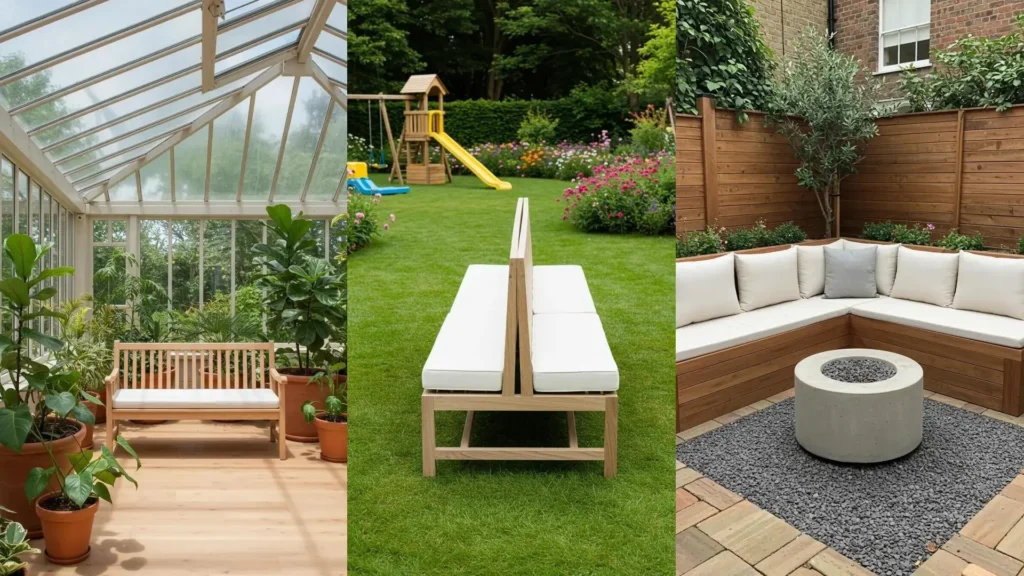 Three Scandinavian-inspired light wood benches with crisp white cushions in various garden & outdoor settings.