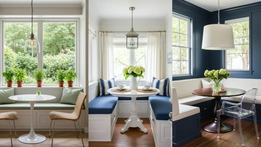 Small dining corners featuring built-in banquettes, pendant lights, and round bistro tables.