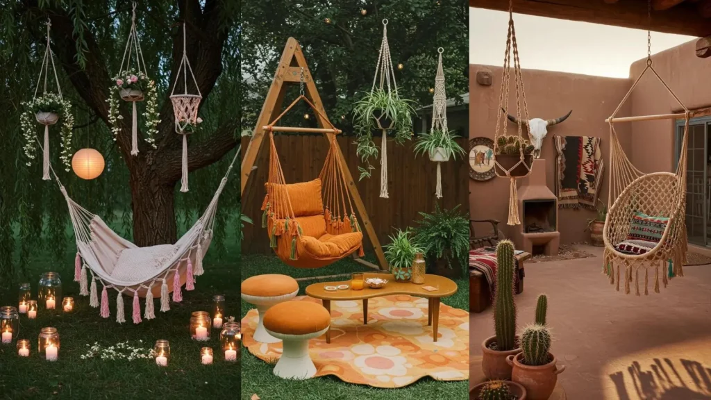 Bohemian garden decor with comfy hammock chairs, colorful tassels, and macrame plant hangers for a cozy outdoor space.
