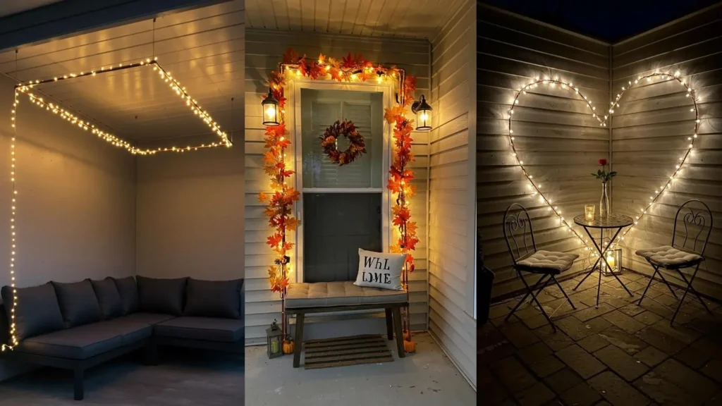 Three cozy outdoor DIY copper pipe string light setups, including a patio couch, front porch, and heart-shaped nook.