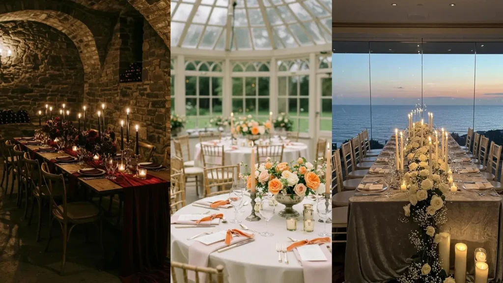 Romantic wedding centerpieces with candlelit roses & velvet accents in three beautiful settings.