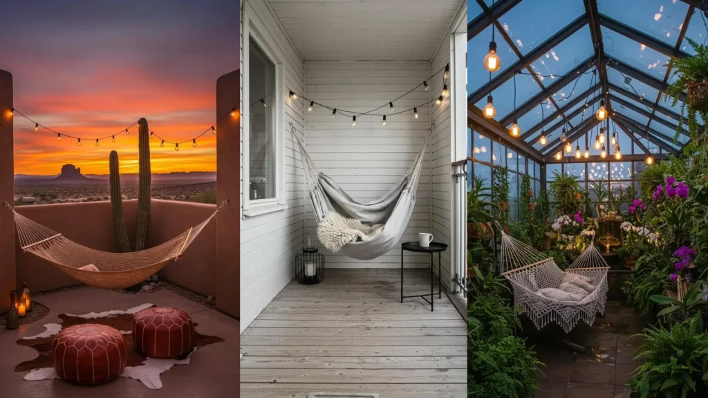 Dreamy hammocks and glowing Edison bulbs in cozy terrace and patio corners.