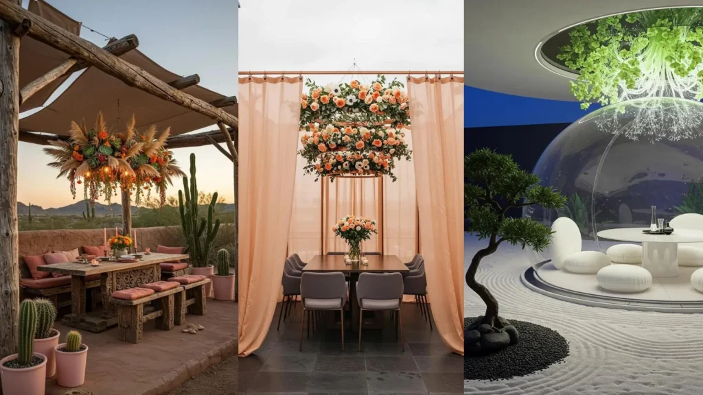 Dreamy pastel patio dining ideas featuring various hanging floral chandeliers and unique dining pods.