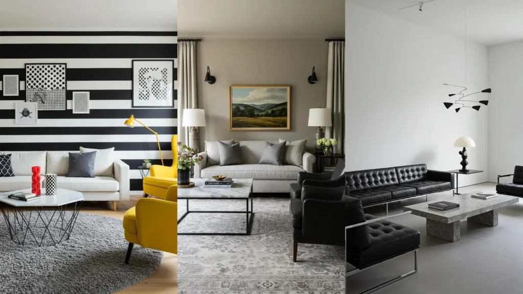 Elegant monochrome living room designs featuring black metal framed furniture and stylish marble coffee tables.