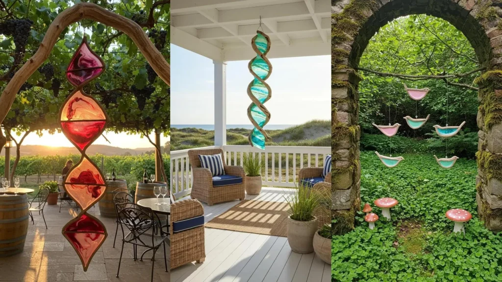 Beautiful hand-carved driftwood wind spinner with blue tinted resin hanging on a sunny coastal porch.
