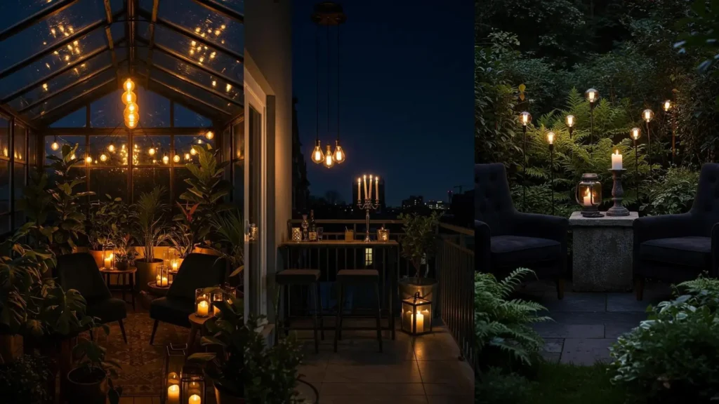 Moody nighttime balconies with black velvet seating, candlestick holders, and glowing amber Edison bulbs.