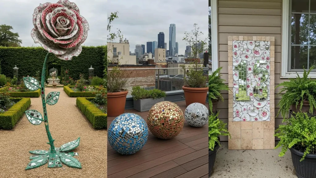 Outdoor mosaic mirror garden sculpture, decor balls, and tile sign made from broken china.