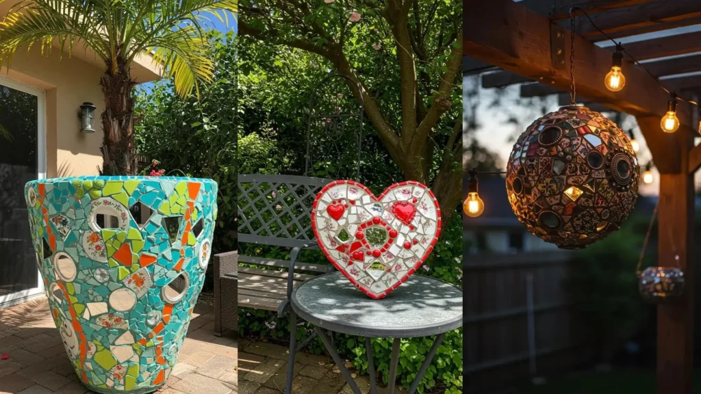 Vibrant mosaic garden sculptures: a planter, heart, and hanging sphere crafted from broken china and mirror tiles.
