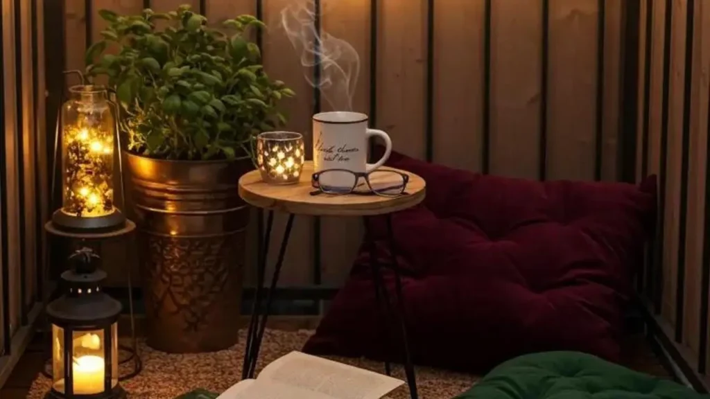 Romantic evening balcony with fairy lights, a velvet floor pillow, and a cozy side table setup.