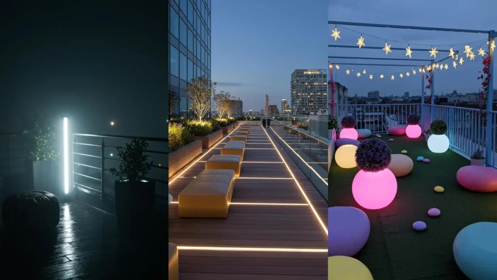 Urban rooftop garden with LED lights, colorful glowing poufs, grounded planters, and metal railings at dusk.