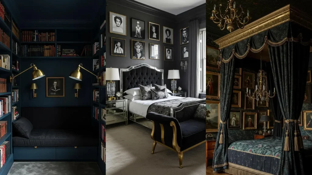 Luxurious dark glam bedrooms showcasing black velvet beds, brass hardware, and walls adorned with moody artworks.