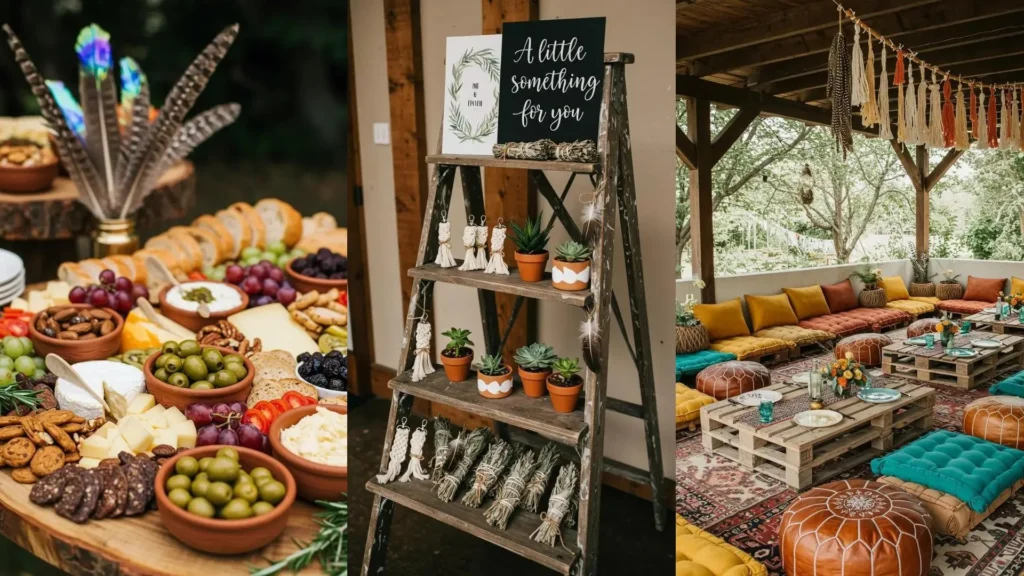 Boho party decor featuring macrame, feathers, and earthy textures like wood and plants for DIY inspiration.