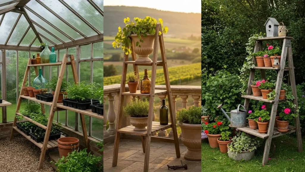 Wooden ladder shelves displaying potted plants and vintage garden decor in various outdoor settings.