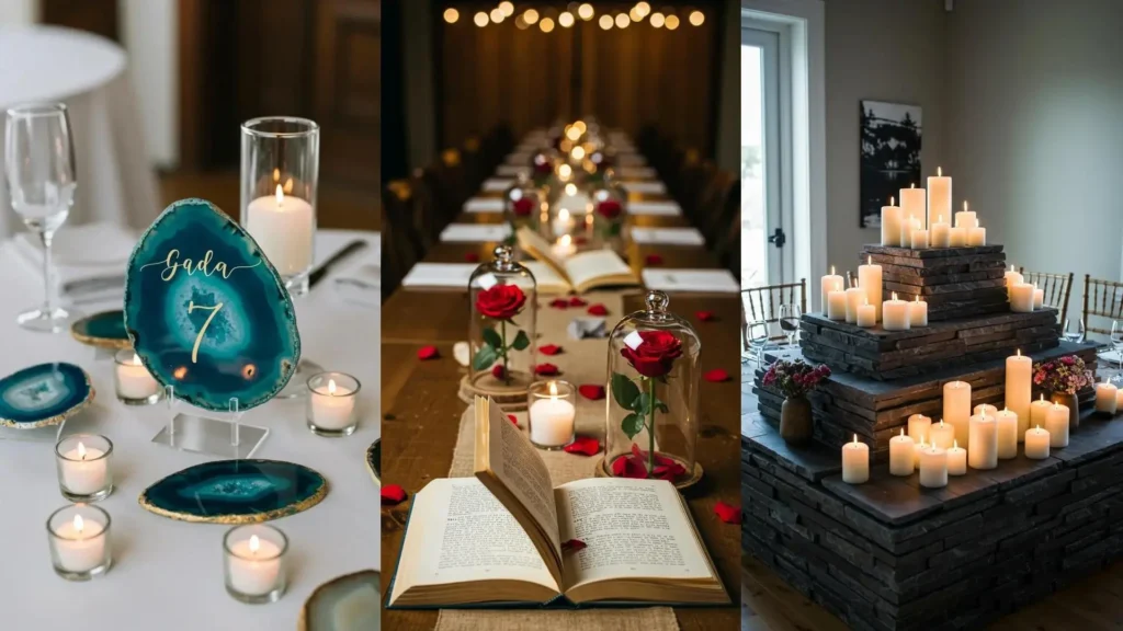 Elegant DIY party centerpieces: glowing candles, red roses under cloches, and unique agate table decor for celebrations.