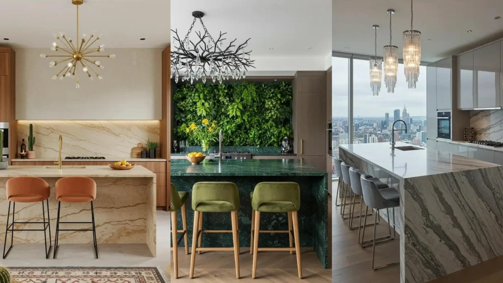 Luxe marble kitchen islands with velvet stools and various crystal chandeliers in stunning modern designs.