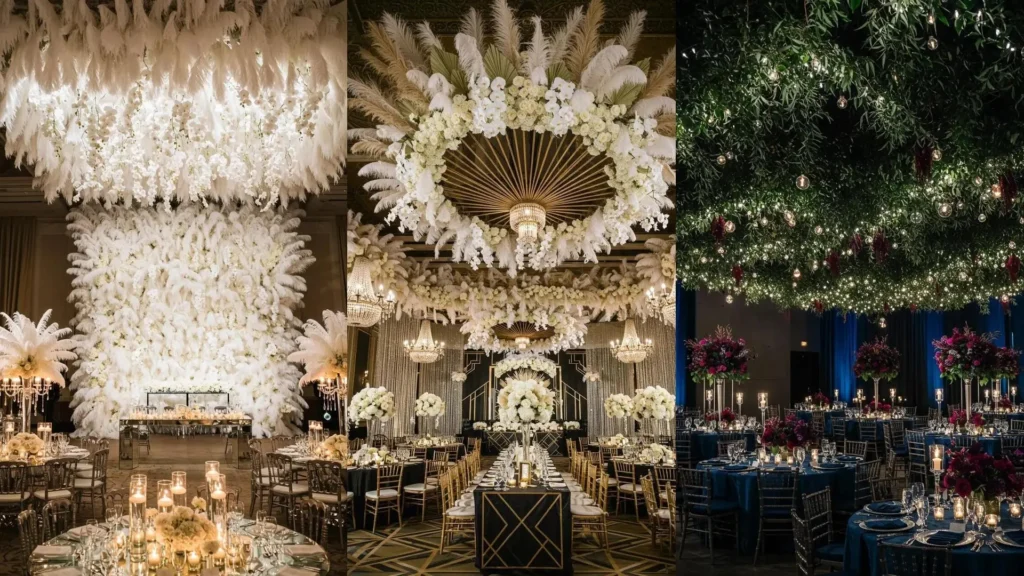 Luxurious ballroom wedding decor featuring exquisite flower ceiling installations with feathers, greenery, and sparkling lights.