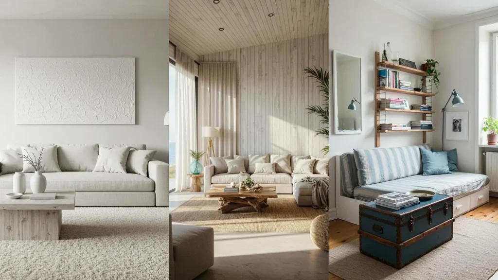 Eco-friendly living rooms featuring reclaimed wood tables and organic linen sofas in natural, sustainable designs.