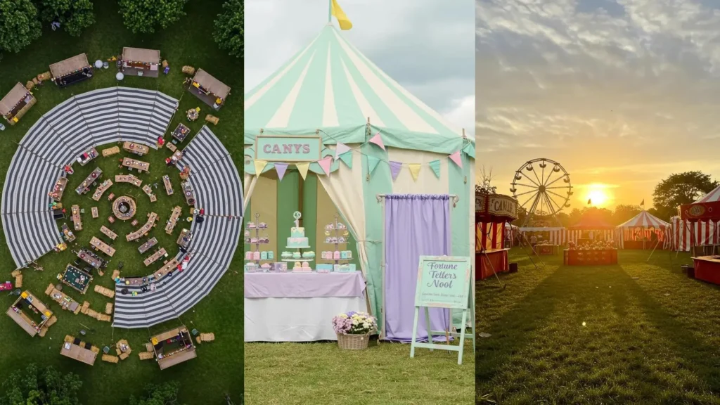 Vintage carnival birthday party scene with striped tents, a Ferris wheel, and retro decorations.