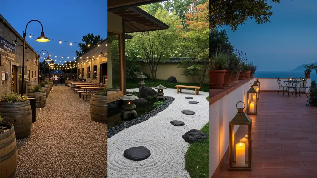 Vintage lanterns with soft candles illuminate a rustic patio walkway at dusk, creating a charming ambiance.