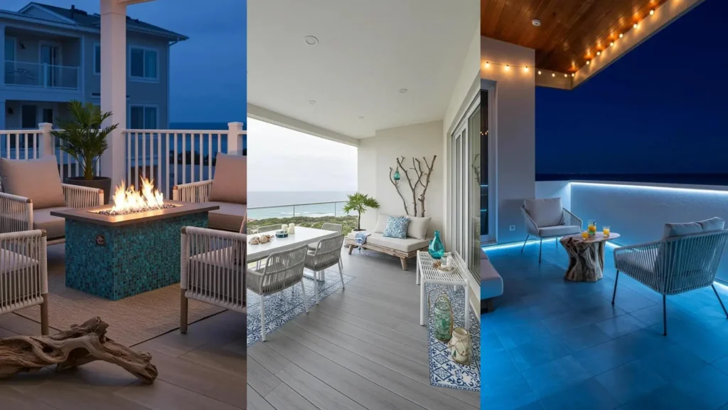 Contemporary coastal balconies featuring white rope seating, a fire pit with blue tile inlays, and driftwood side tables.
