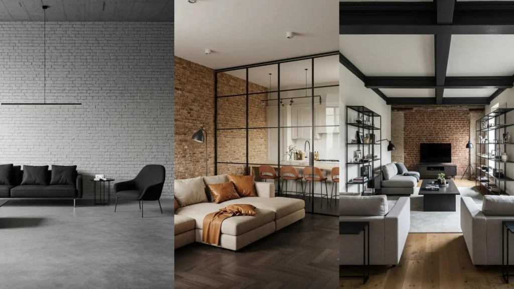 Contemporary industrial living rooms with exposed brick walls, matte black accents, and modern furniture.