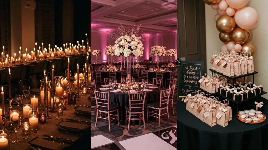 Elegant black, blush & rose gold birthday party decor with candles, floral centerpieces & gift table.