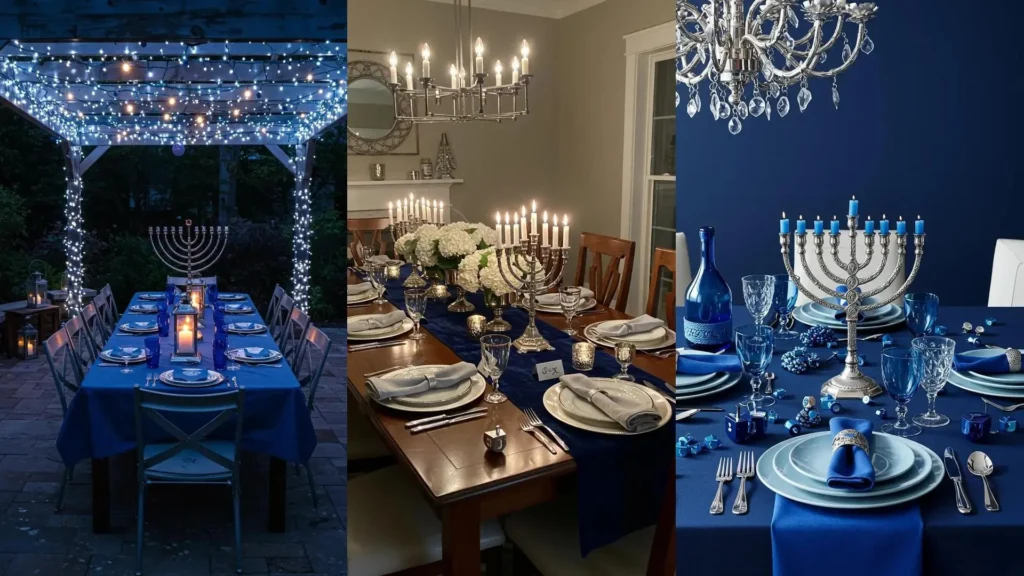 Festive Hanukkah tablescapes with blue & silver styling, elegant menorahs, and dreidel decor.