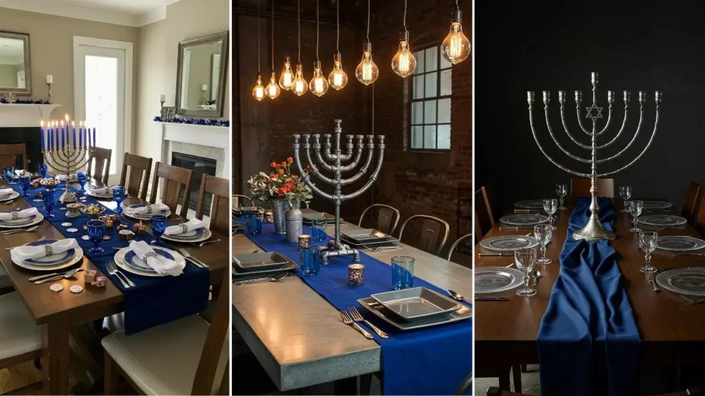 Three festive Hanukkah tablescapes with blue & silver decor, elegant menorahs, and dreidels.