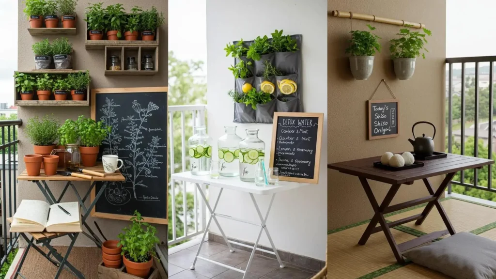 Three balcony garden-to-table setups with herb wall boxes, folding tables, and chalkboard menus.