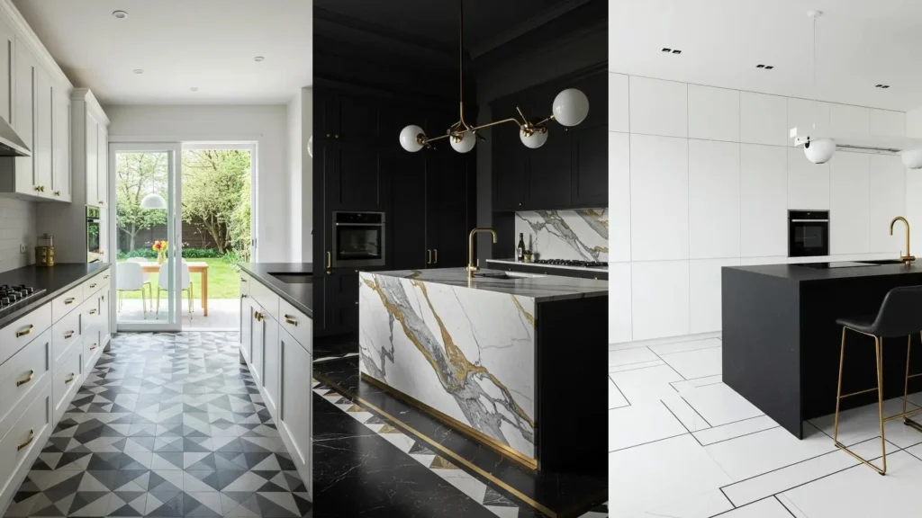 High-contrast black & white kitchen designs with geometric tiles, gold accents, and modern islands.