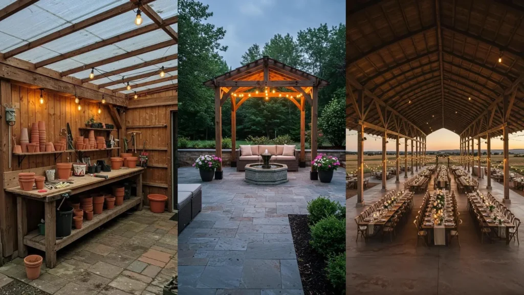 Reclaimed wood pergola with bright Edison bulb string lights illuminating an inviting outdoor patio.