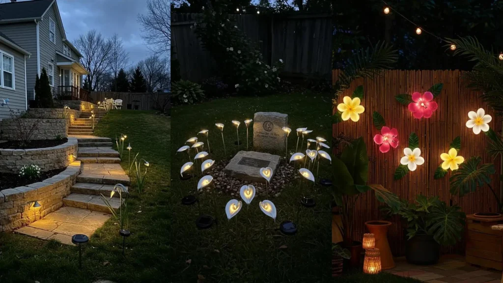 Various solar-powered flower lights illuminating an enchanting backyard at night, including upcycled spoon flower designs.