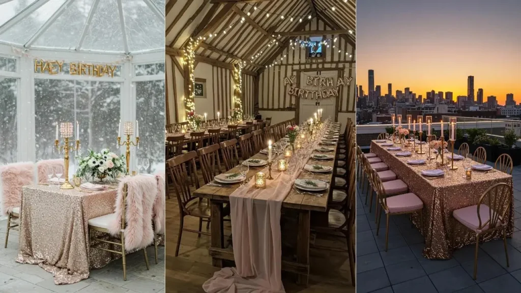 Luxury champagne blush party tablescapes with gold candelabras for elegant birthday celebrations.