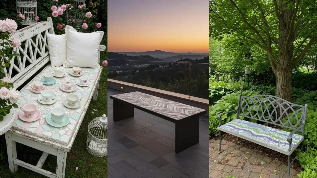 Three outdoor garden benches with creative mosaic tops made from upcycled porcelain and cement for DIY inspiration.