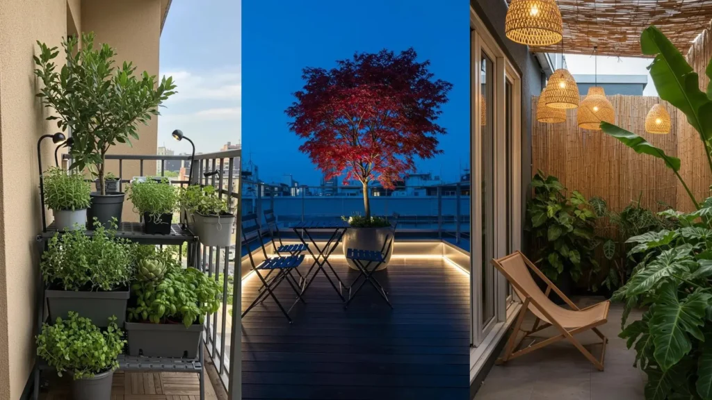 Three examples of small space urban gardens with bold foliage, foldable furniture, and accent lighting for stylish decor.