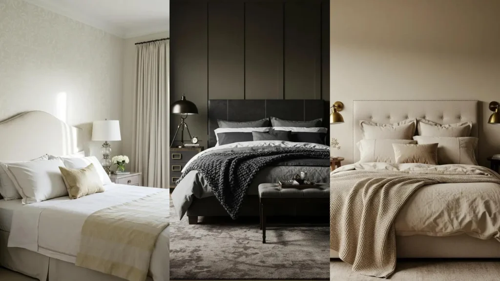 Three soft neutral luxe bedrooms featuring layered textures, oversized pillows, and subtle metallic accents.