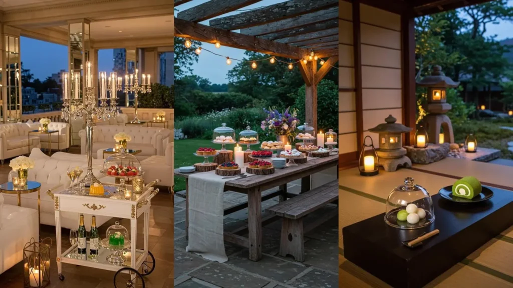 Twilight terrace dessert stations featuring glass cloches, candles, and charming outdoor settings for entertaining.