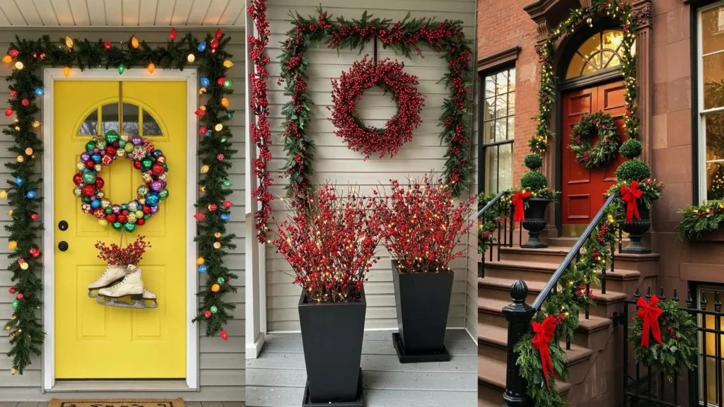 Winter porches styled with festive wreaths, sparkling string lights, and vibrant berry accents for charming outdoor decor.