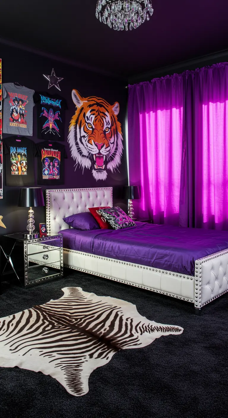 Bedroom with a tiger mural, band t-shirt art, and purple lighting.