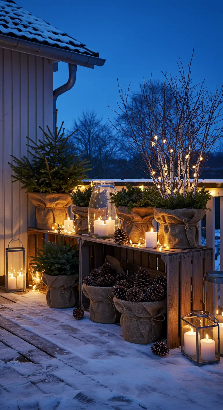 A cozy balcony at dusk with lit candles, fairy lights, and burlap-wrapped plants on wooden crates.